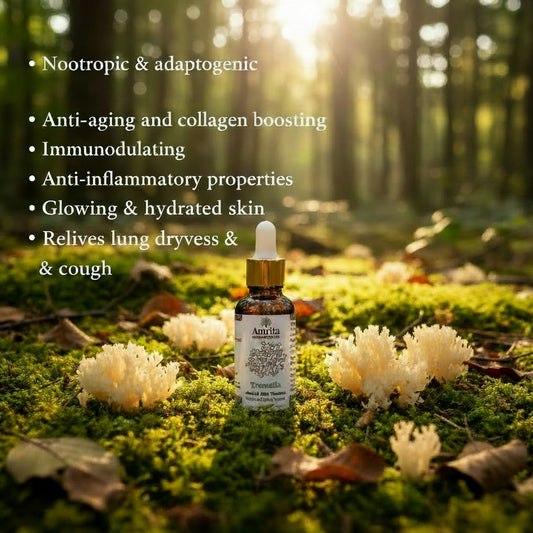 Amrita Nutraceuticals Tremella tincture bottle on a patterned surface