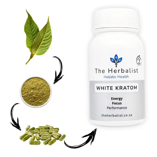 White Kratom with leaves, powder, and capsules for energy and focus naturally