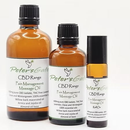 Three bottles of Peter's Gate CBD Range Pain Management Massage Oil