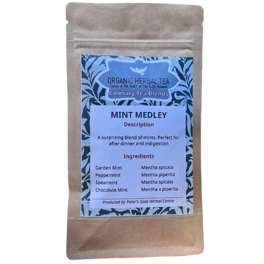 Organic Culinary Mint Medley Tea, a surprising blend of mints perfect for after dinner and indigestion
