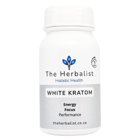 White bottle of White Kratom for Energy & Focus